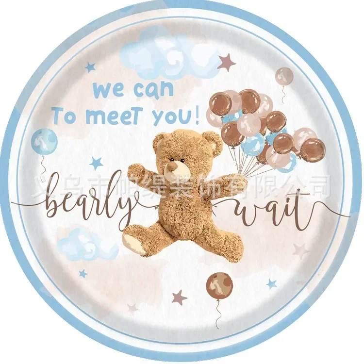 Babyshower Bear Disposable Tableware Cartoon Brown Bear Paper Plates Napkin Cups Happy Kids 1st Birthday Party Decor Babyshower