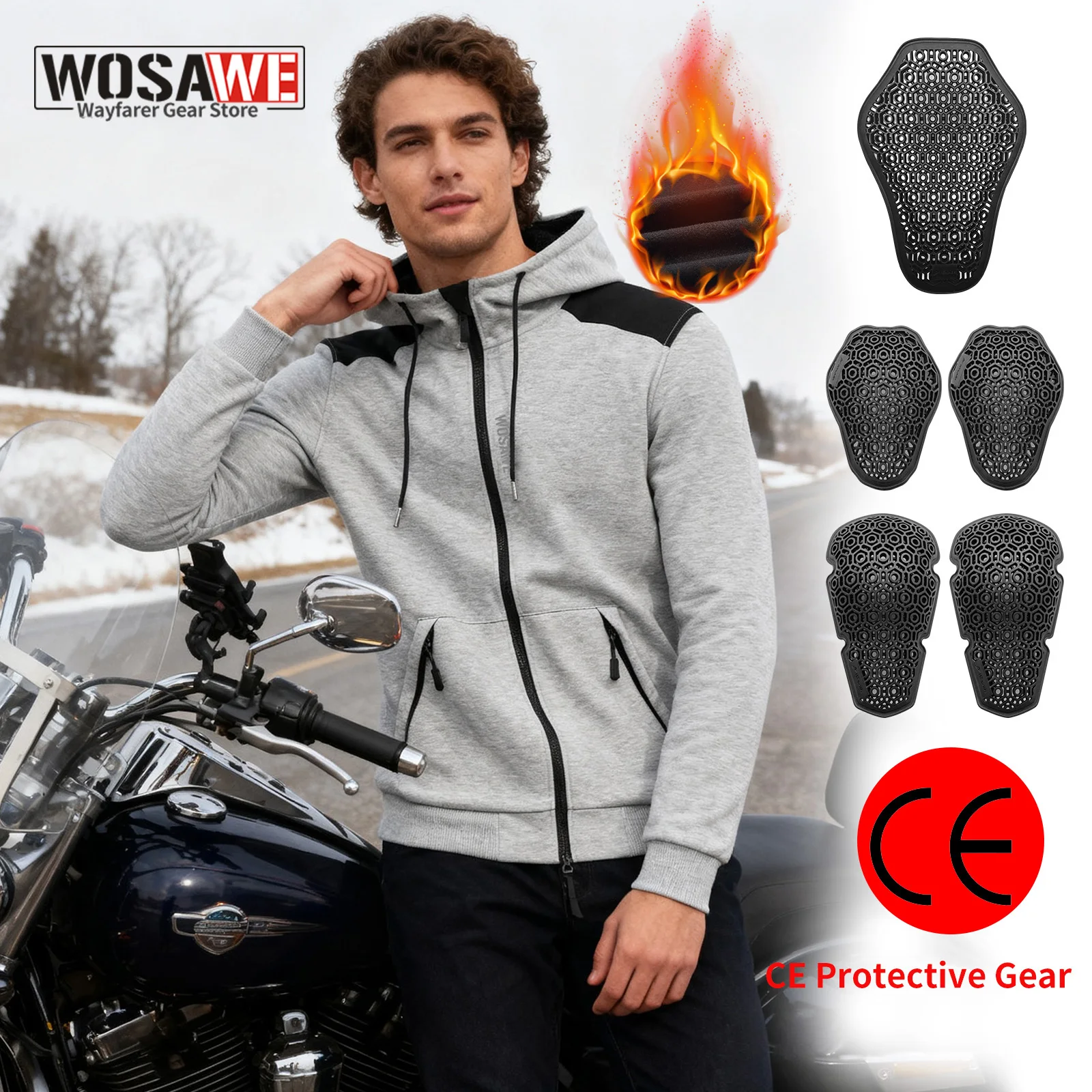 

WOSAWE Motorcycle Warm Jacket Armored Hoodie CE Approved Protective Riding Hoodie Sweatshirt Winter Motocross Off-road Outfit