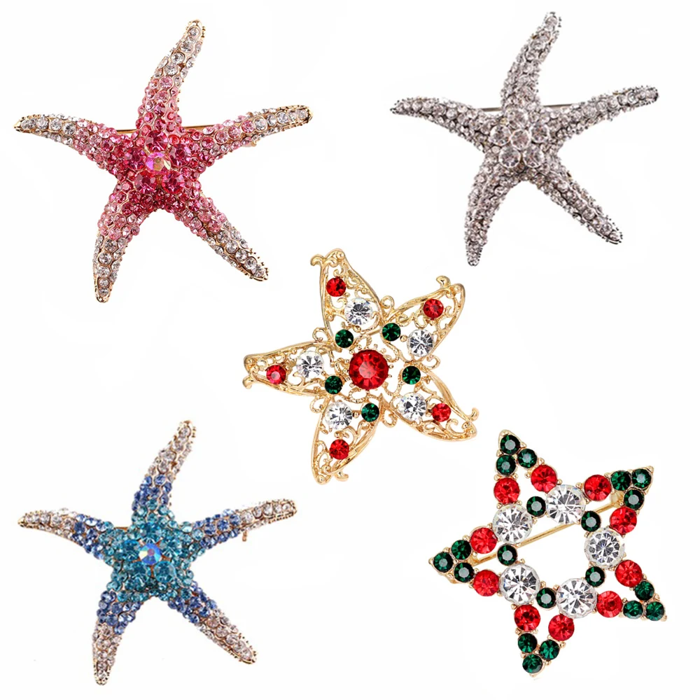 Full Rhinstones Starfish Brooch Red Blue Green Blue Animal Sea Star Brooches For Women Brooch Pin Jewelry Accessories