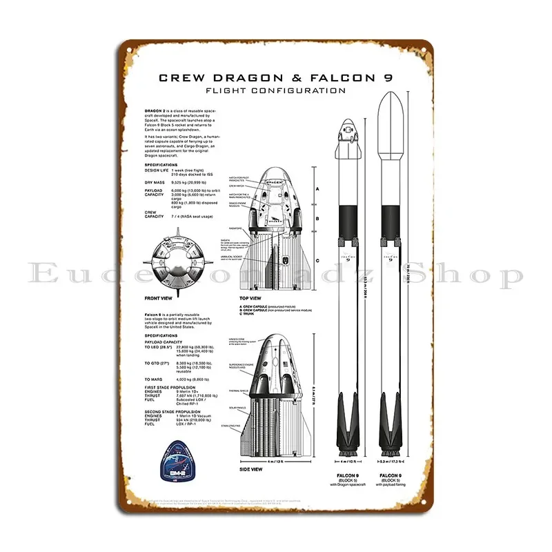 Spacex Crew Dragon Spacecraft And Falcon9 Rocket Blueprint Metal Sign Wall Decor Wall Mural Wall Cave Designing Tin Sign Poster