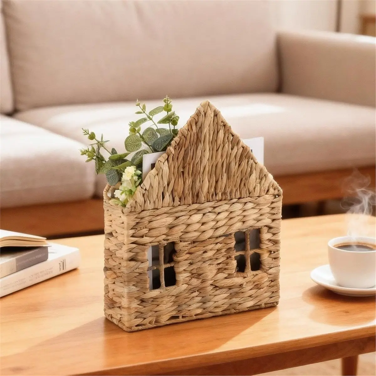 Wicker Magazine Holder Wall Basket Hanging Wall Mount Mail Rack Holder Storage,for Books & Files with Handle Home