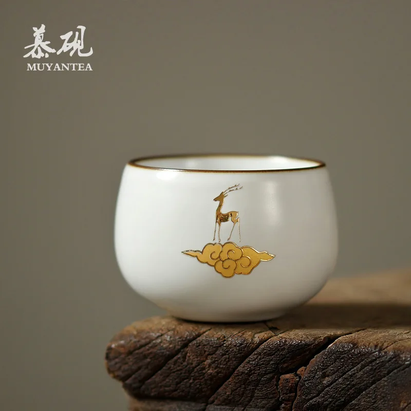 Mutaoyi Handmade Handcrafted Gold-Embellished Ceramic Personal Kung Fu Set Gift, Host Cup, Tea Teacup