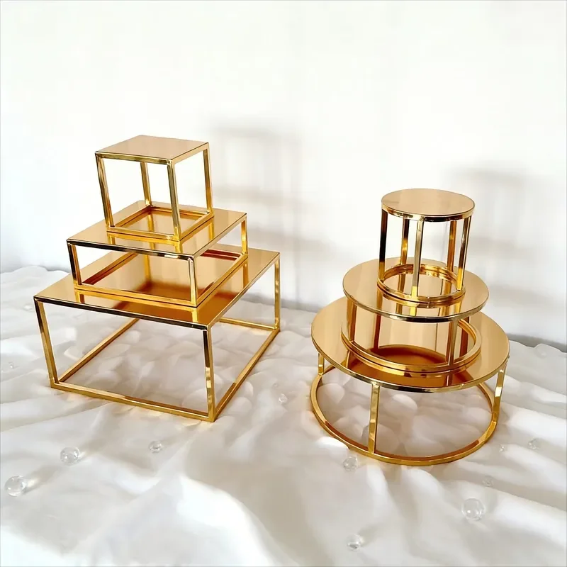 3 Piece Metal Cake Stand Set Gold Round Square Dessert Display Rack for Wedding Birthday Party Decoration Elegant Serving
