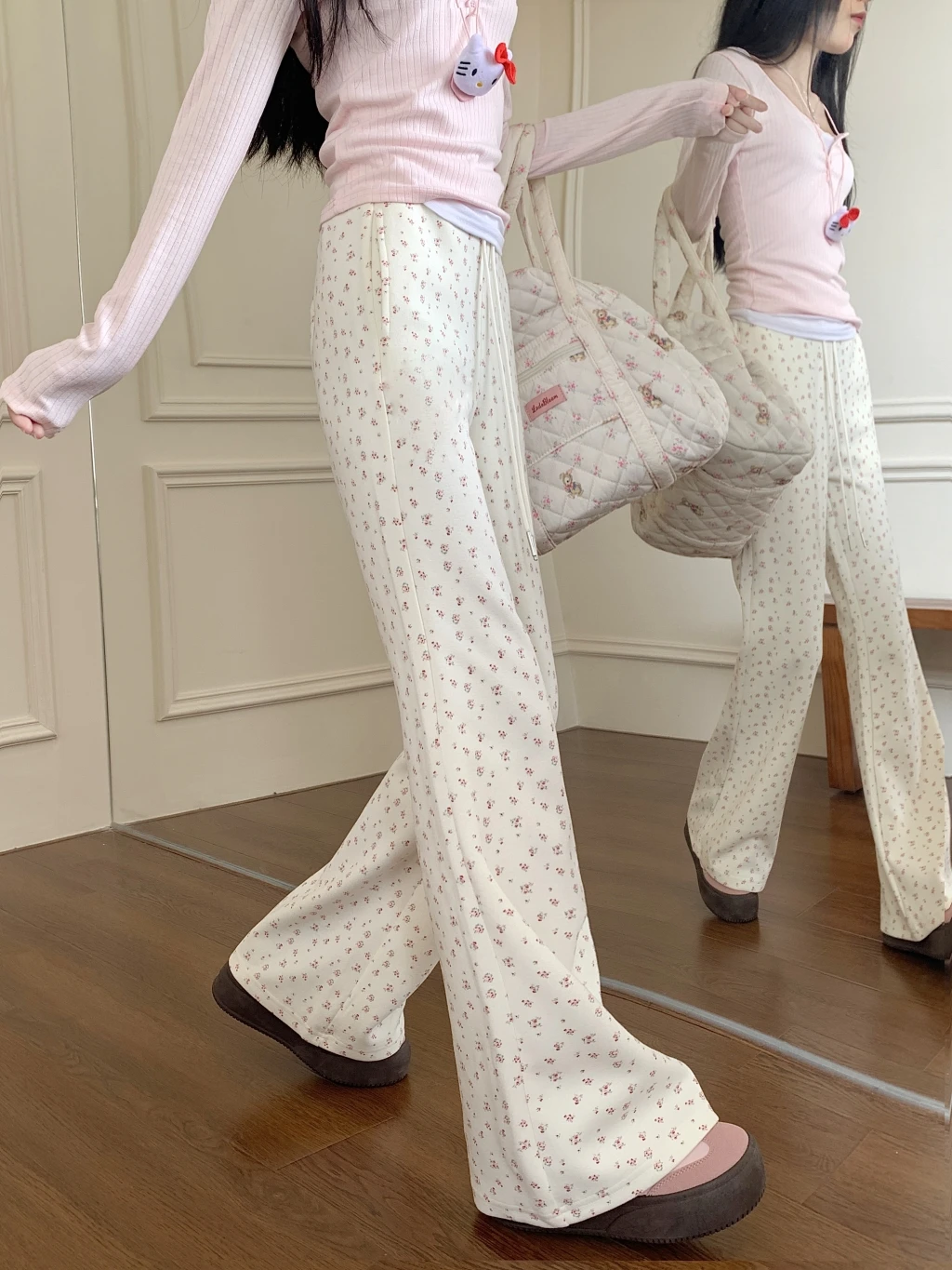 Vrouwen bloemen hangende wijde pijpen broek licht uitlopende pluche casual broek lente herfst winter mode