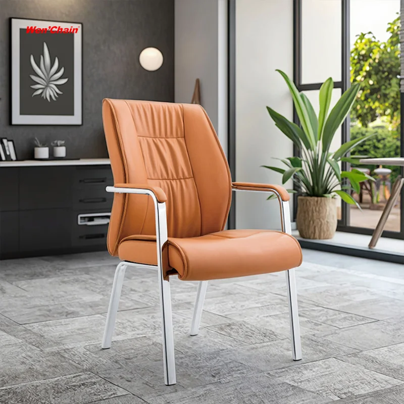 

Wholesale Middle Back Brown PU Leather Waiting Room 4 Leg Executive Conference Visitor Office Meeting Chair
