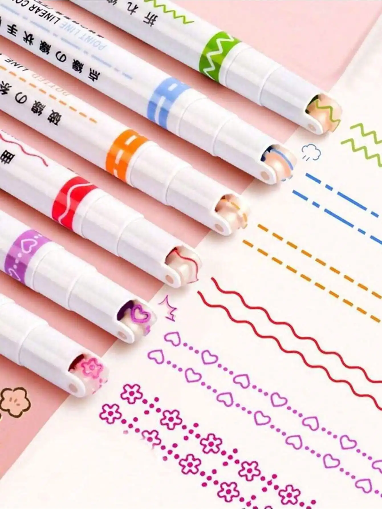 

6pcs Double-Head Flower Highlighter & Ballpoint Pen, Creative Wave Roller Pen for School