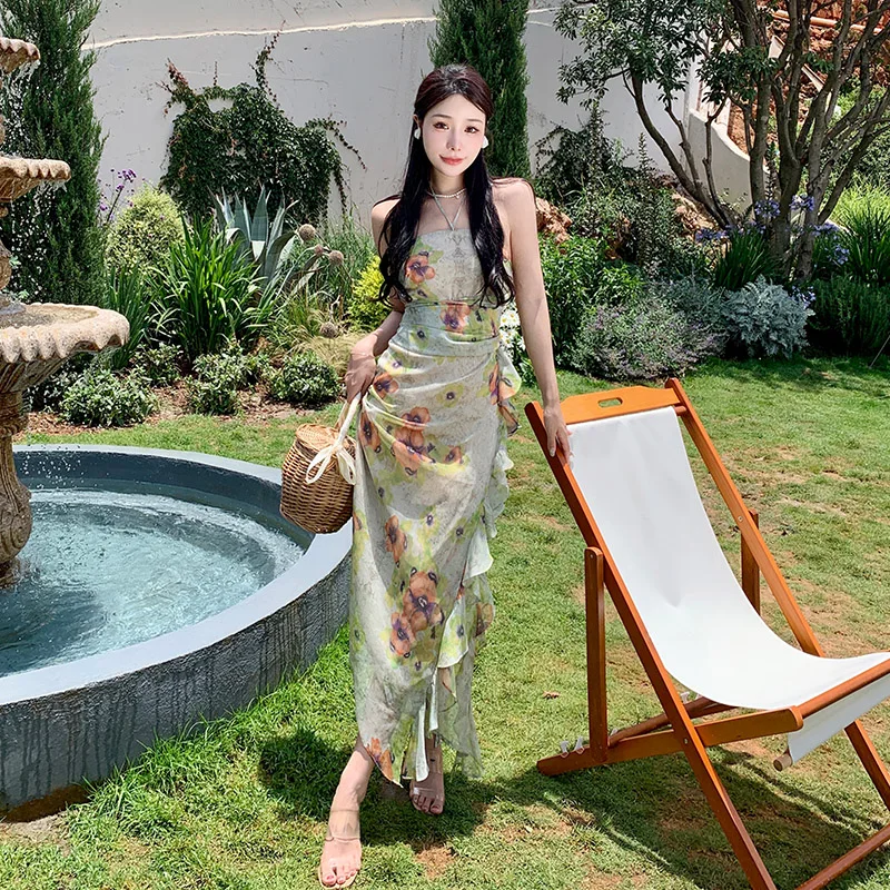 Chopped Pepper Sweetmoon Only This Green New Style Halter Neck Slimming Retro Design Sense Strap Printed Dress