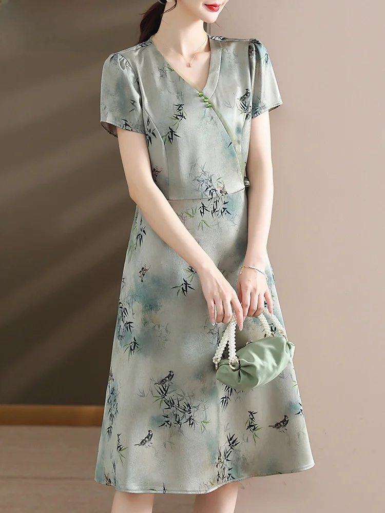 

Summer Faion Mommy Dr ort Sve Chiffon Long Skirt Traditional Chinese Sle Loose Fit V-Ne Midi Dr for Middle-A...