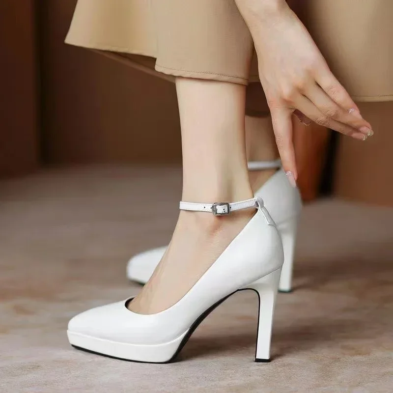 New White High Heels Women Spring Ankle Straps Pointed Toe Platform Casual Shoes for Women Classic Comfortable Women Work Shoes