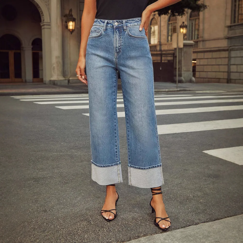 Straight Leg Jeans Retro Rolled Edge High Waisted Elastic Pants