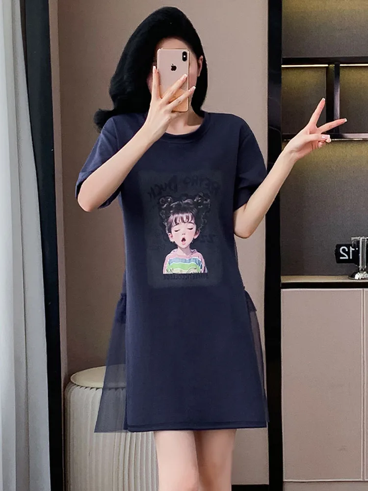 Nyfs 2024 Sommer neue Korea Frauen Kleid Vestidos Elbise lose plus Größe Mesh Patchwork Print Kurzarm T-Shirt Kleid