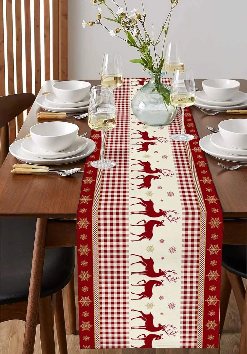 Merry Christmas Reindeer Snowflakes Linen Table Runner Home Decor Winter Xmas Buffalo Plaid Table Runners Christmas Decorations