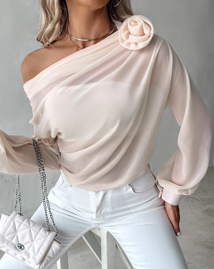 New for Women's Color Solid Blouses 2024 Spring Summer Rose Detail Ruched Skew Neck Long Sleeve Chiffon Elegant Blouses Sexy Top