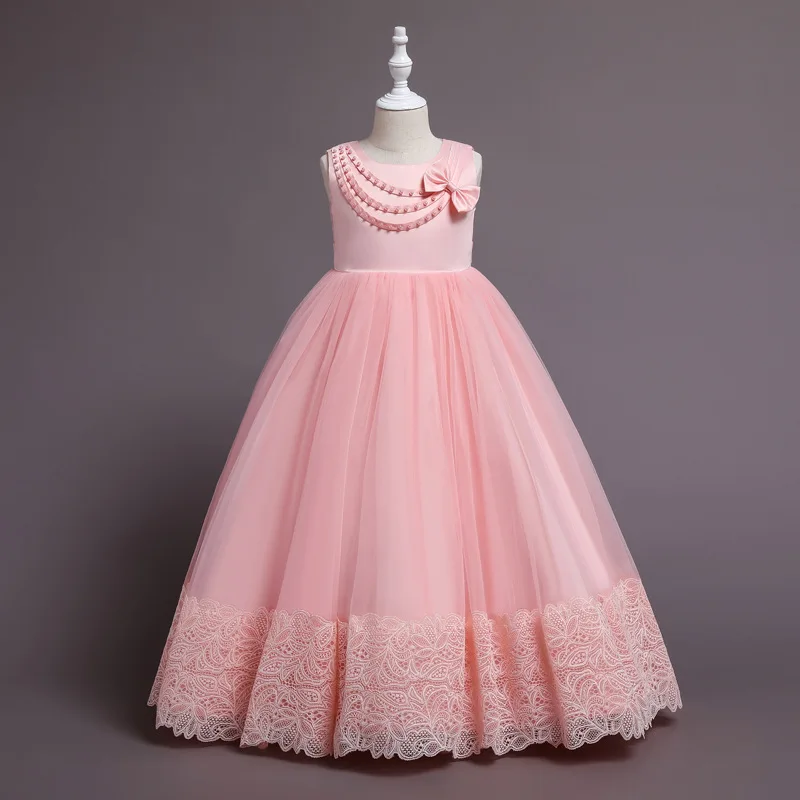 

Kid Sleeveless Princess Bead Embellished Neckline Bow Dress Layered Tulle Children Skirt Delicate Lace Trim Formal Girl Gown