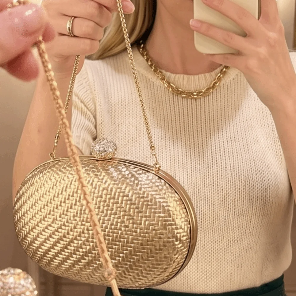 PU Evening Clutch Bag Oval Shape Rhinestone Closure Hard Shell Crossbody Bag Shiny Golden Metallic Woven Braided Handbag