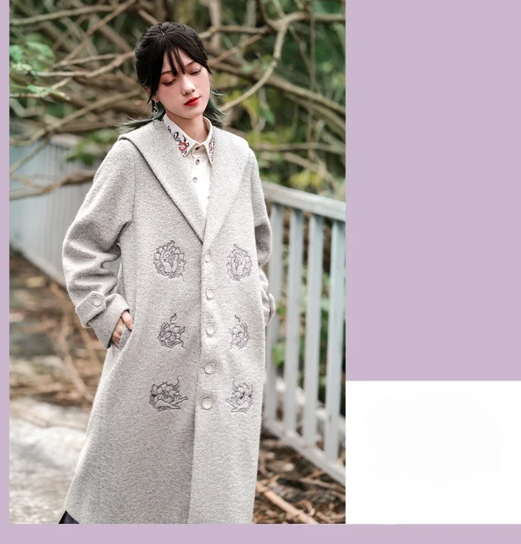 New Chinese Woolen Coat Women's 2024 Autumn And Winter High-end Embroidery National Style Loose Long Woolen Windbreaker Outwear