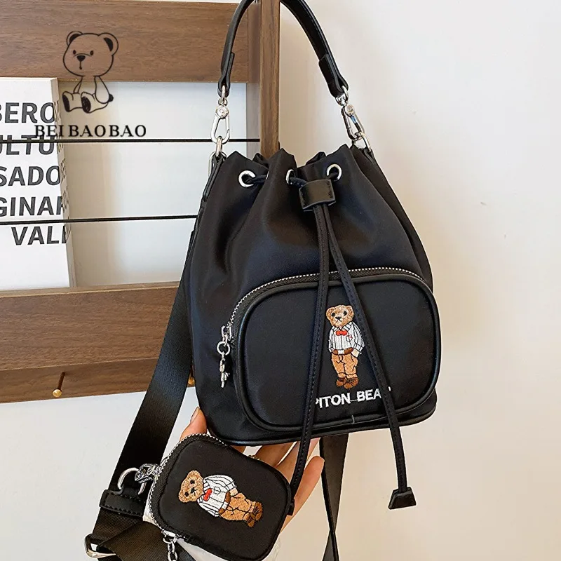 Beibaobao 2024 Summer New Black Women\'s Bag Little Bear Drawstring Cloth Bucket Bags Leisure Fashionable Versatile Crossbody Bag