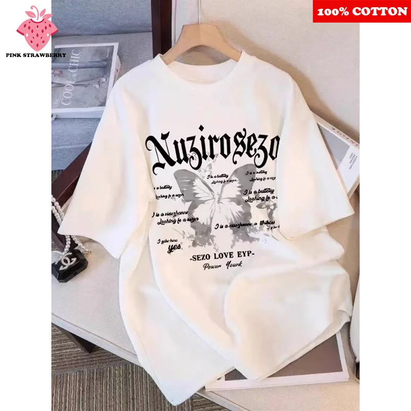 

100% Cotton Butterfly Print T-shirt Women's Summer 2025 New Loose Casual Short Sleeve Round neck T-shirt Y2k Top Female clothing
