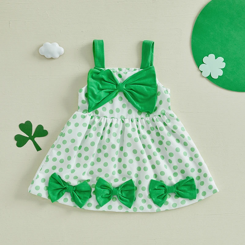 Toddler Girls Irish Day Dress Casual Dot/Clover Print Cute Bow Sleeveless A-Line Dress for Beach Party Cute Clothes