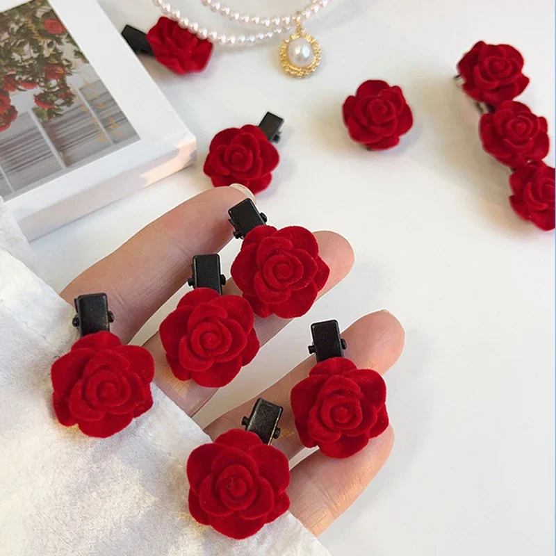 Red Velvet Rose Hair Clips Women Girls Small Cute Flower Hairpins Girls Elegant Hair Clip Pin Barrettes Wedding Hair Accessories