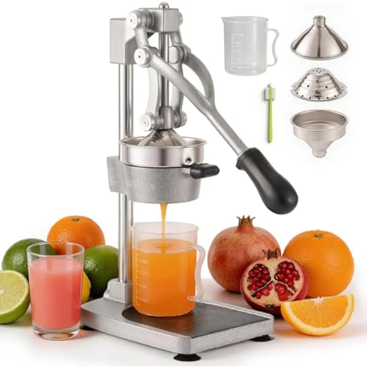 Manual Cast Iron Citrus Press for Lemons Oranges Pomegranates | High-Yield Juice Extraction | Cordless Quiet Operation | Easy-Ri