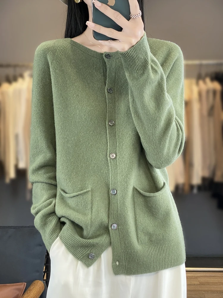 Women Fashion Merino Wool Sweater O-Neck Long-sleeve Pocket Cardigan Cashmere Warm Knitwear Spring Autumn Female Coat Soft Tops