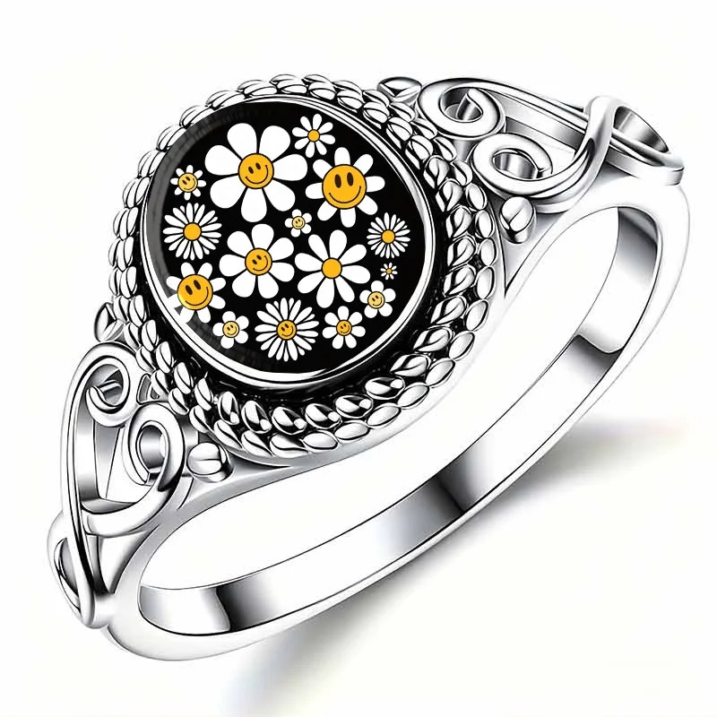 Playful and quirky white daisy smiling face printed copper fashionable ring, available in various sizes, cute and positive declaration jewelry, perfect for daily wear and casual party decoration
