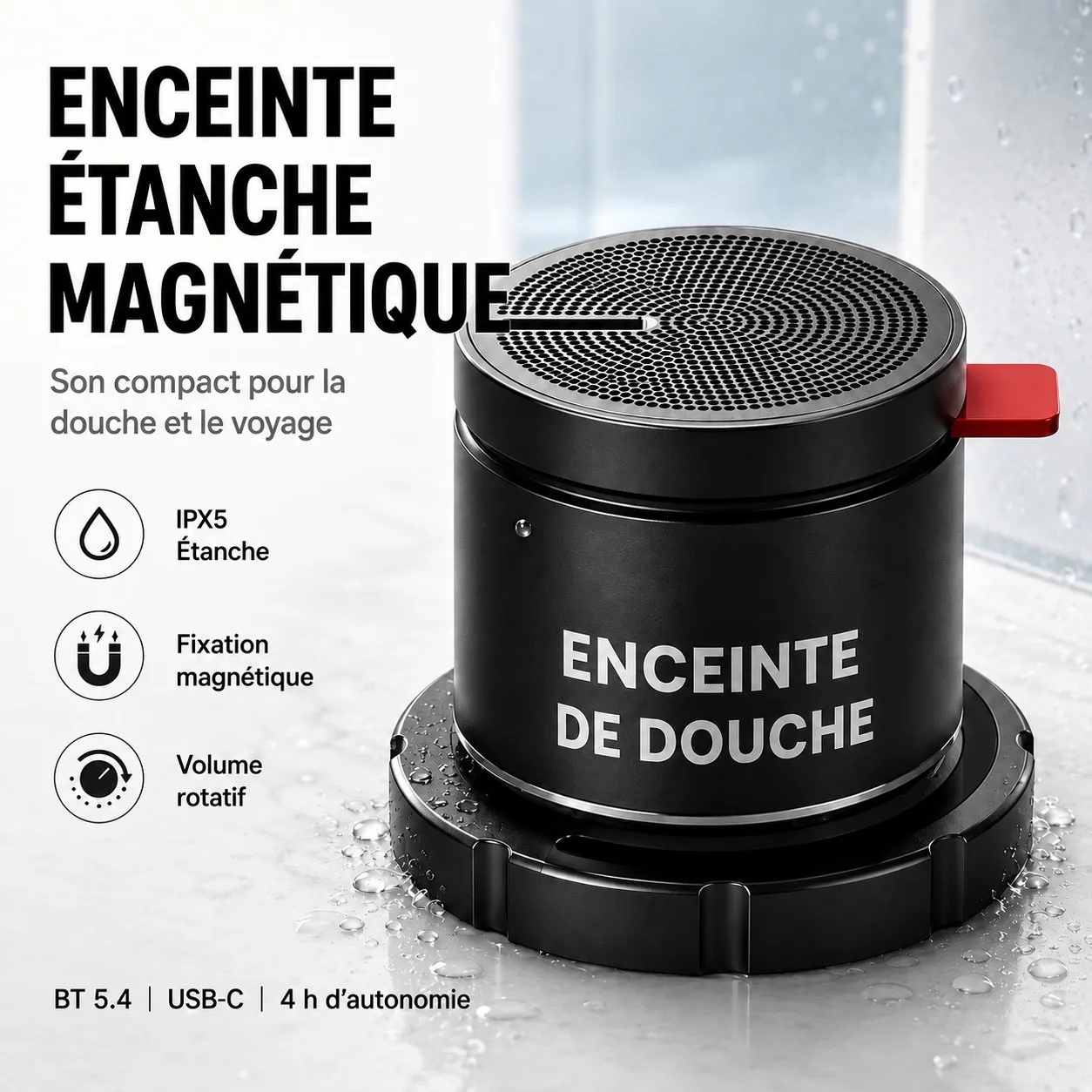 Haut-parleur Bluetooth magnétique étanche, mini haut-parleur stéréo sans fil en acier inoxydable, portable, pour salle de bain, réfrigérateur, extérieur