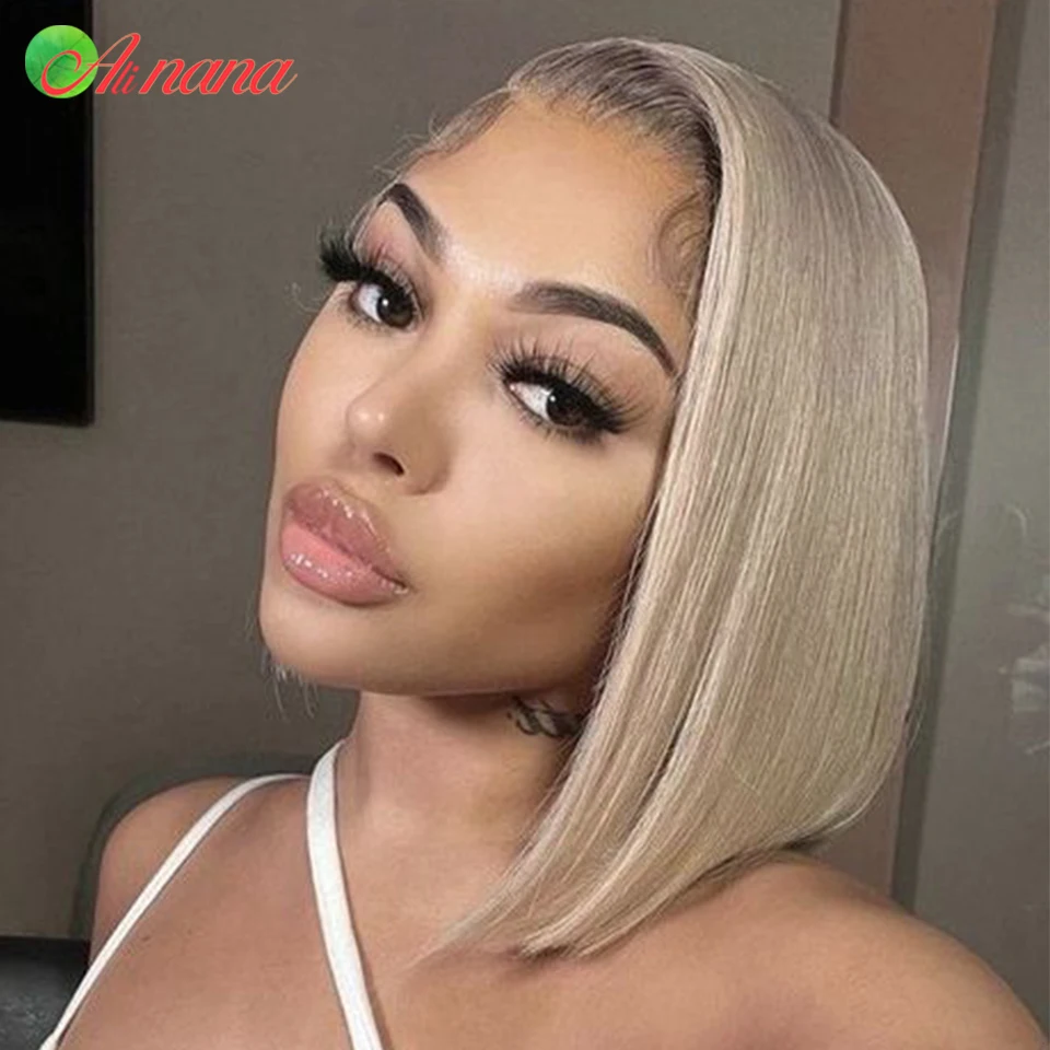 White Blonde Colored Short Bob Wig 13x4 Lace Front Wig Ash Blonde Bone Straight Remy Human Hair Wig For Black Women 180% Density