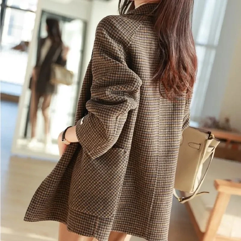 Office Warm Woolen Plaid Suits Coat Fall Winter Mid Length Women Loose Parkas Jackets Oversize Vintage Thick Wool Blend Casaco