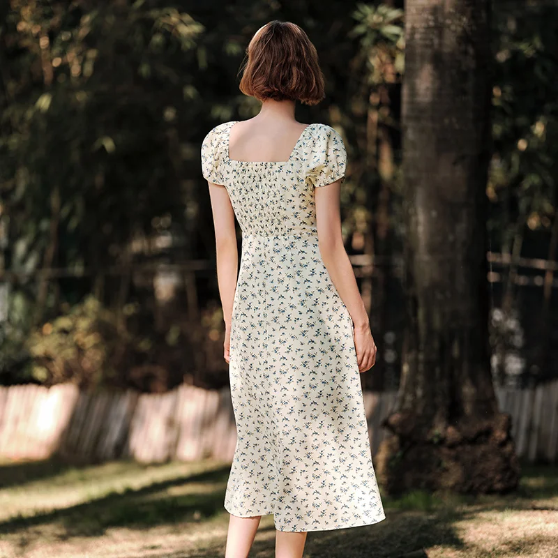 Semir Dress Women Split Bubble Sleeve Medium Long Dress 2024 Summer New Square Neck Chiffon Floral Dress Romantic Elegant