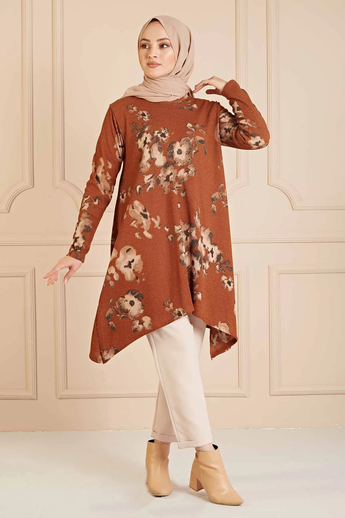 Rose Pattern Asymmetrical Cut Tunic NY Tan