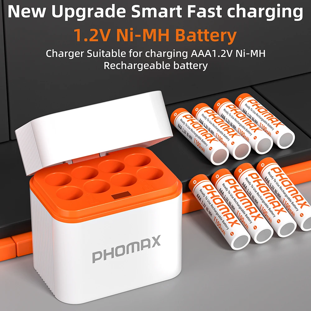 PHOMAX  AAA 1.2V Ni-MH Battery Charger & 1100mAh Rechargeable Batteries 8-Slot Type-C Smart Fast Box For Aaa Ni MH Ni-Cd Cell