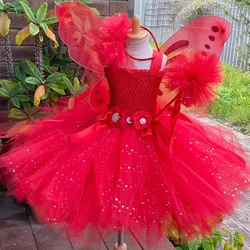 Girls Red Glitter Flower Fairy Dress Kids Sparkled Butterfly Tutu Dress Outfit Children Birthday Christmas Costumes Party Dress