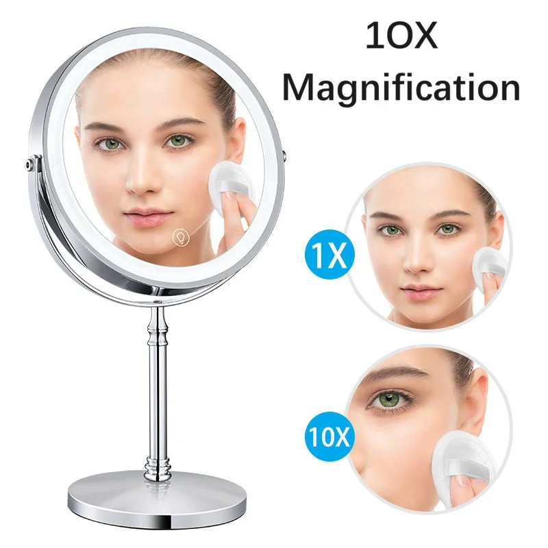 Lighted Makeup Mirror, 2000 mAh Rechargeable Double Sided 1X/10XMagnifying Mirror,3 Colors,360° Rotation,Brightness Adjustable