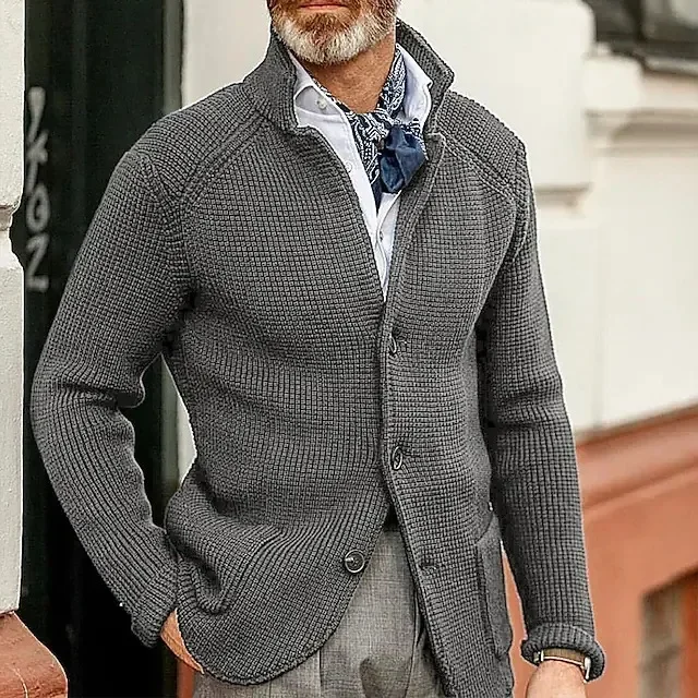 Sweaters Cardigan Men Coat Stand Collar Knitted Open Stitch Full Sleeve Splice Single Breasted Sweater Coats Autumn Winter