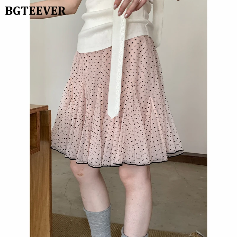 

BGTEEVER Korean-style Retro Ruffled Polka Dot Midi Skirt for Women High-waisted Slimming Versatile A-line Skirt Summer