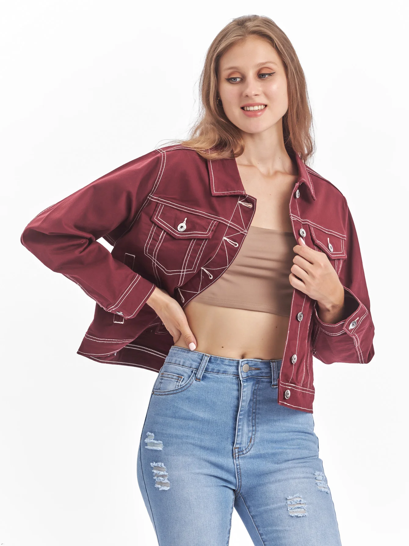 

Зима/осень 2025 г., модная женская джинсовая куртка, однобортное пальто с лацканами и длинными рукавами, винно-красное женское уличное пальто, повседневная одежда