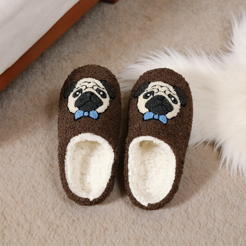 

Теплые домашние тапочки с узором мопса, нескользящие, удобные, пушистые, на толстой подошве, для зимы и осени