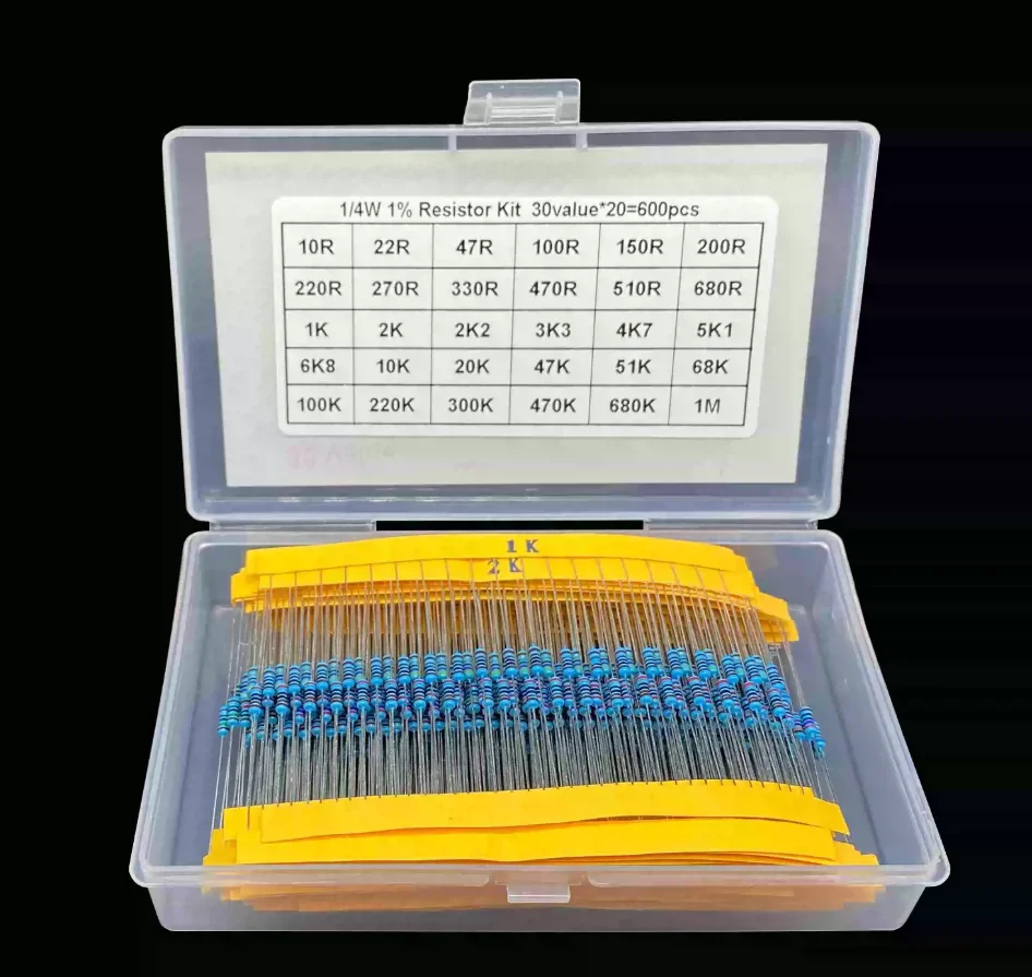 1/4W Metal Film Resistor Kit 60value*10pcs=600pcs 1% 1r-10m 680K 470K 100K 10K 1K 2.2K 3.6K 680R 510R 100R 10R 4.7M 3.3M 2.7M