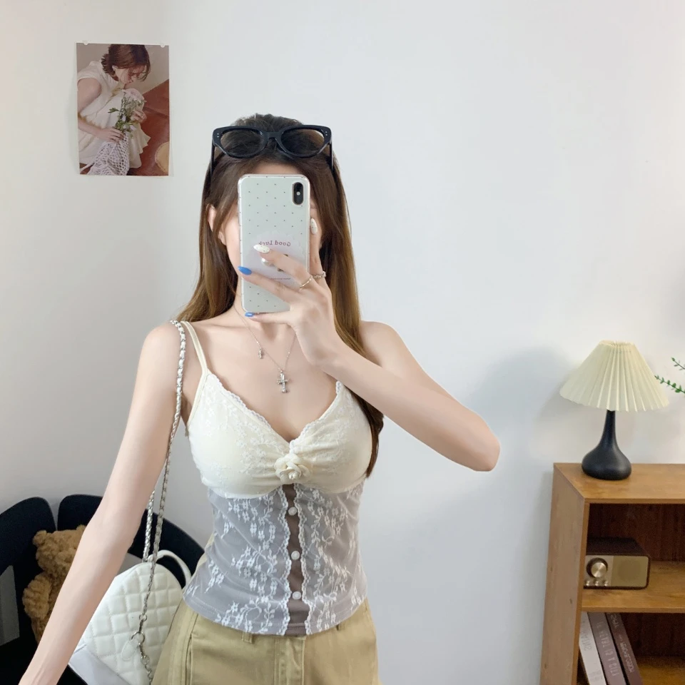 Sexy Lace Bralette Top with Pad Retro Design Pure Desire Elastic Lace Strap Women's Vest Top Ultra Short Ultra Sexy