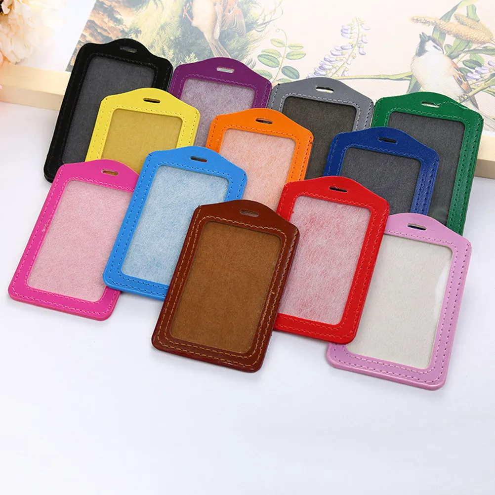 5Pcs Vertical Black PU Badge Holder Pouch Business Card Case Clear Protection Holder Pass Pouch