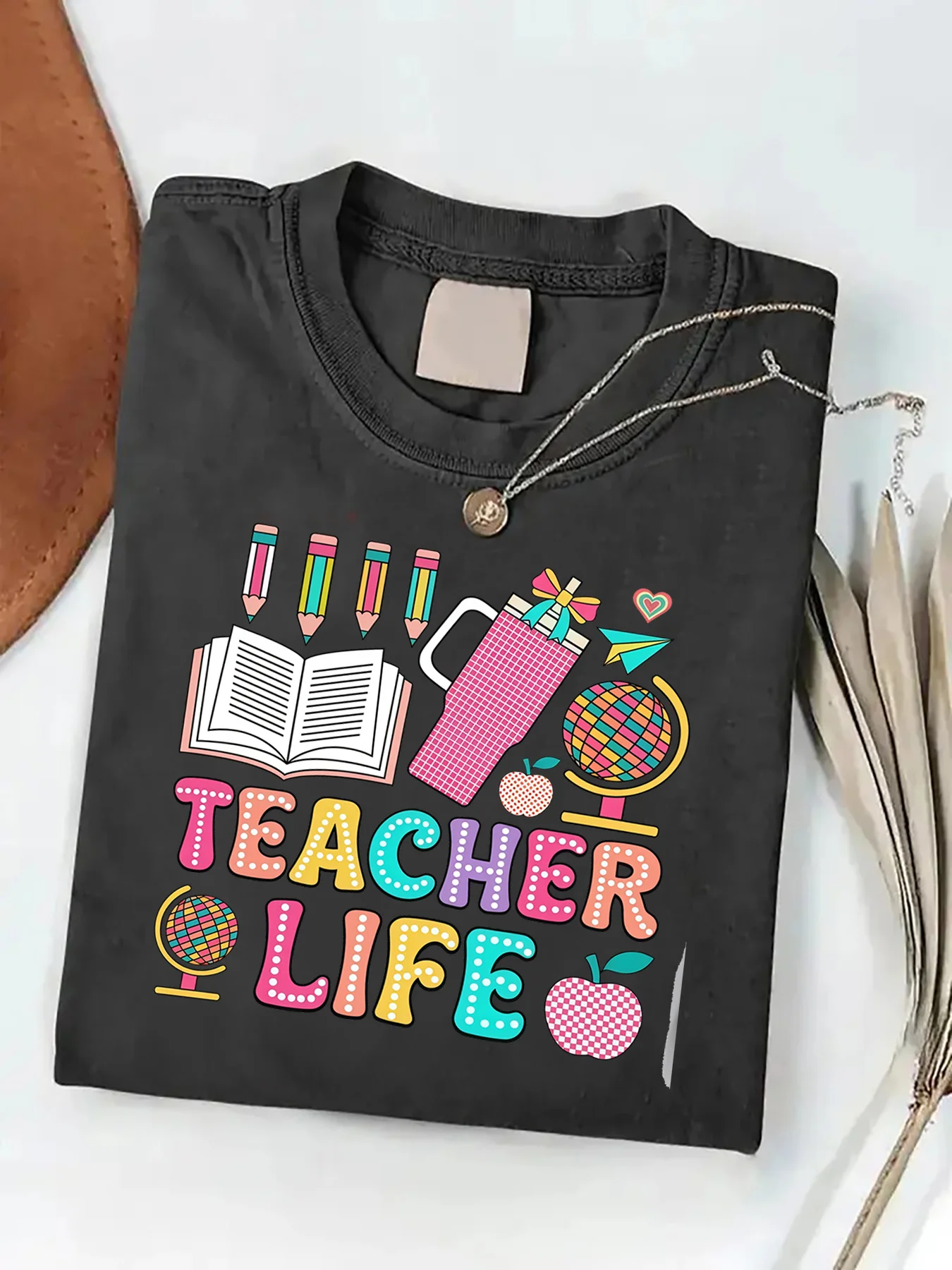 Teachers' Day Teacher Life Graphic T-Shirt - 230g Washed Cotton, Breathable & Sweat Absorbent, Casual Short Sleeve Tee
