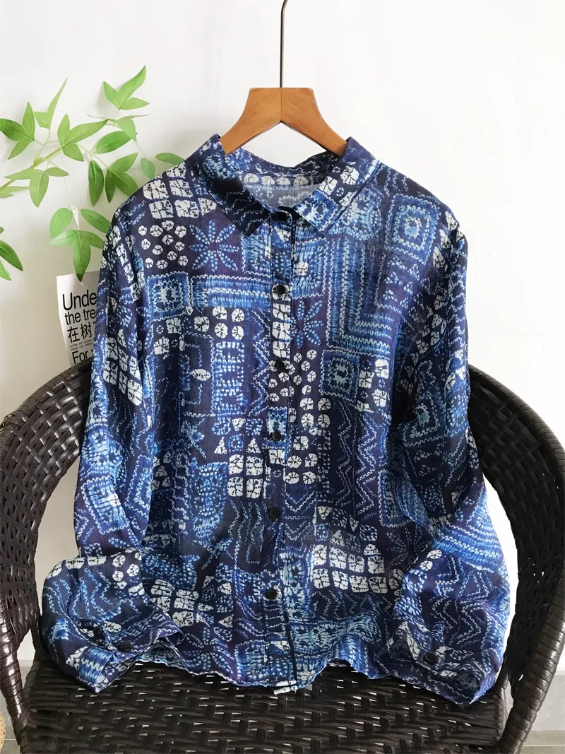 

Autumn Women's Bohemian Blouse Ethnic Style Retro 100% Nature Ramie Print Shirt and Blouses for Women Fall Clothes