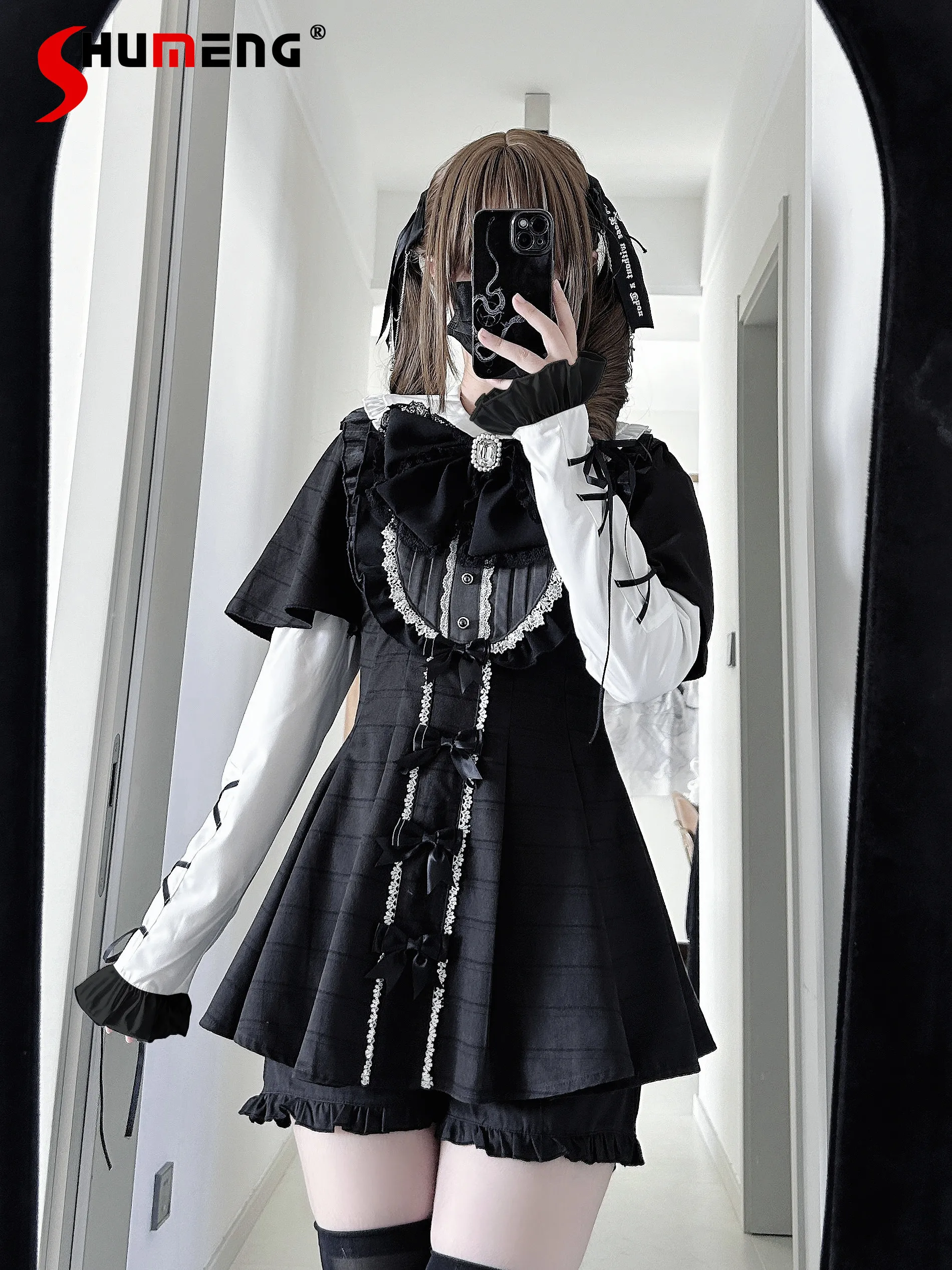 

2026 Spring Japanese New Mine Short-Sleeve Dress Set with Hand Sleeve Girls Women's Slimming Cute Bow Top and Shorts 2-Piece Set