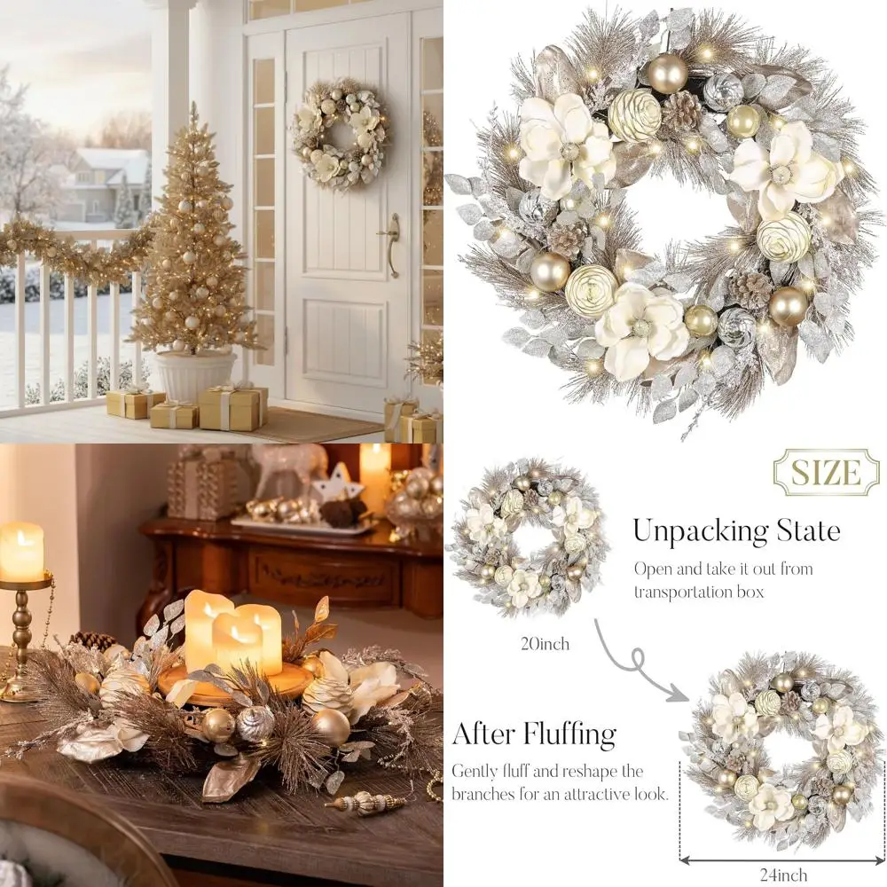 

24 Inch Champagne Gold Pre-Lit Christmas Wreath with Magnolia and Lights for Outdoor Holiday Decor