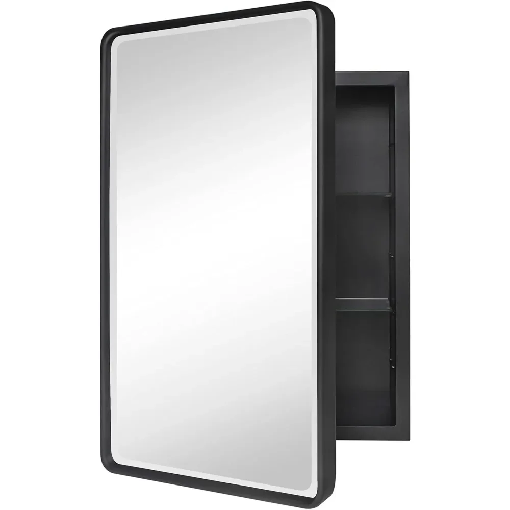 Farmhouse Black Metal Framed Recessed Bathroom Medicine Cabinet with Beveled Mirror Rounded Rectangle Bathroom Medicine Cabinet