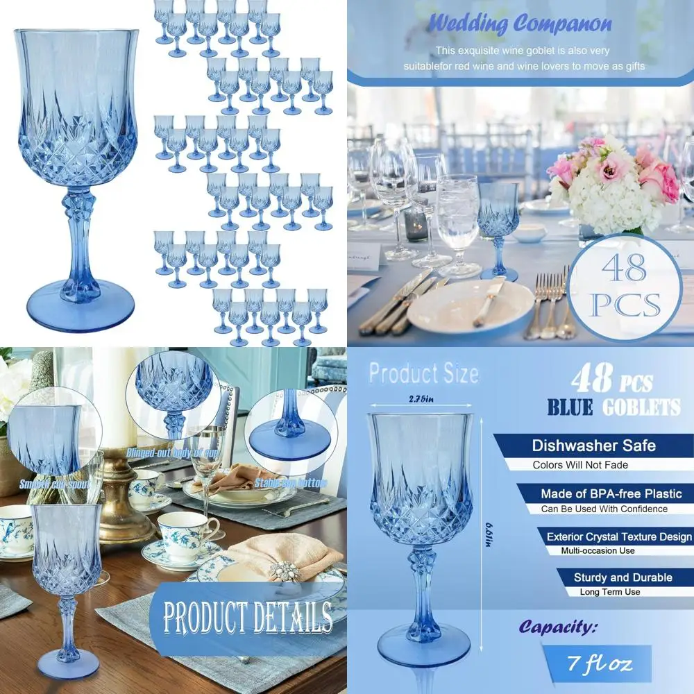 

Set of 48 Reusable Blue Plastic Wine Glasses - Durable Goblets for Versatile Use