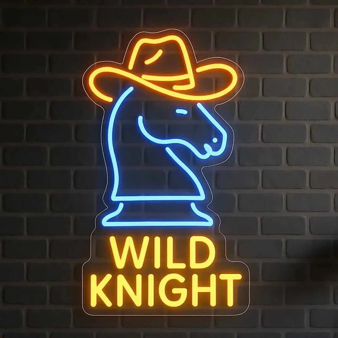 Wild Knight Neon Sign Chess Horse with Cowboy Hat Neon Western Style Wall Decor for Bar, Man Cave or Game Room