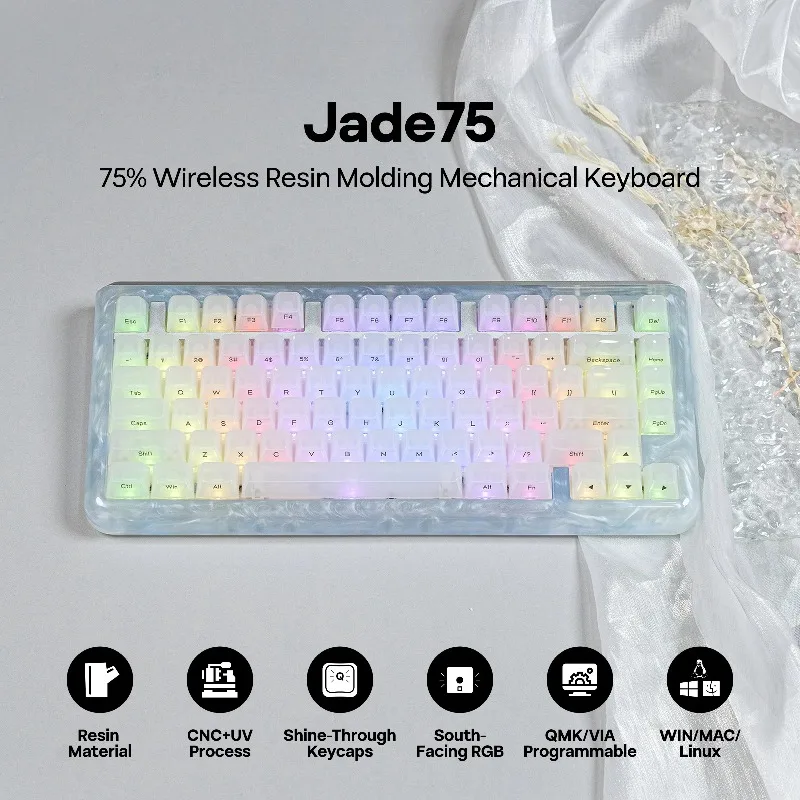 KiiBOOM for Jade75 Tri Mode Mechanical Keyboard 75% ANSI Resin Molding RGB Backlit Hot Swap QMK for Win Mac Linux Desktop Setup